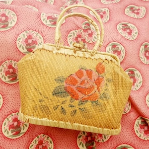 Antique french small size purse for young girl or dolls, straw top handle small bag with hand painted rose, toy bag - purse Art Decò era