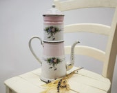 Antique enamel Coffee pot, BW Austria, pale pink stripes roses decor, Enameled coffee biggin, Antique enameled coffee pot with tall filter