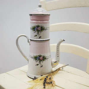 Antike BW Austria Emaille Kaffeekanne, rosa Rosen Dekor