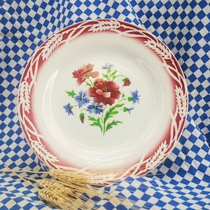 Vintage French earthenware dinner plate, Digoin Model Beauce, poppies & cornflowers, ears of wheat border, vintage French dinner plates