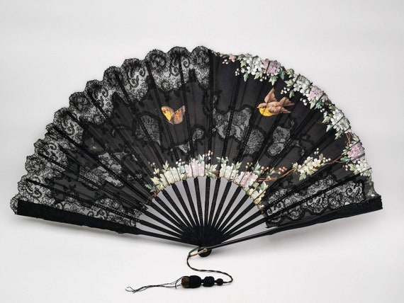 アンティークフランス製扇子、木彫り、シルクレース、手描きの花