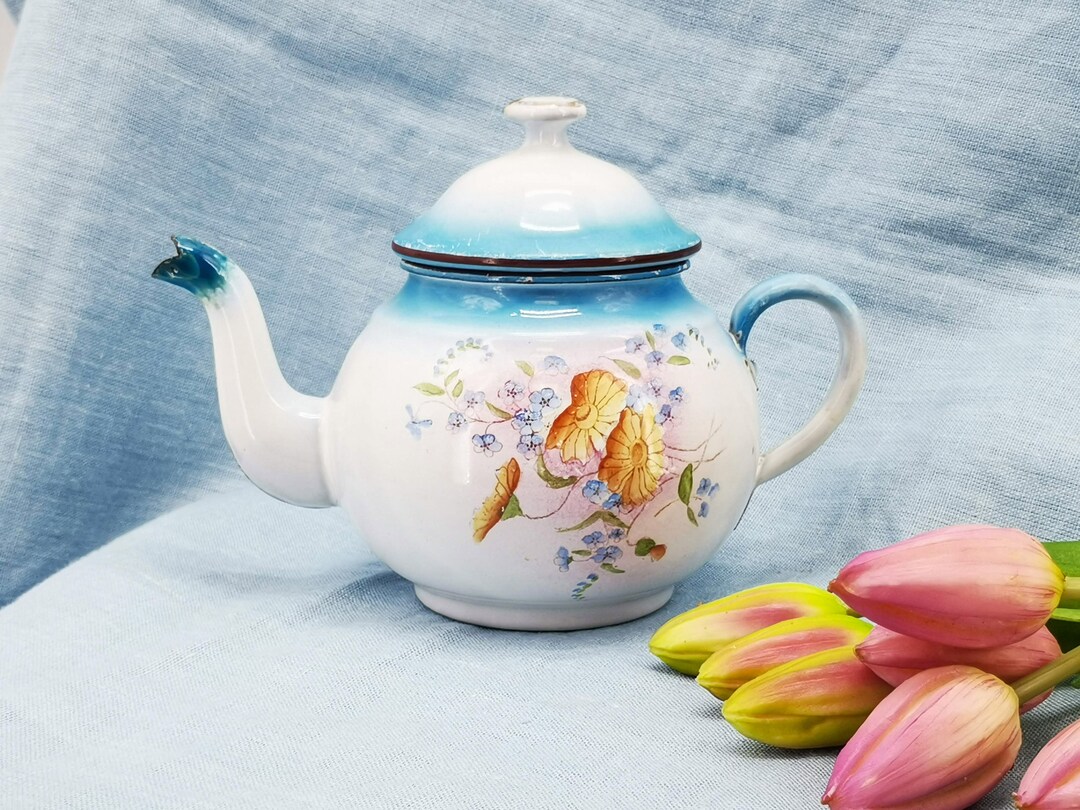 Antique Enamel Teapot, Light Blue Shades & Transfer Decor of Flowers