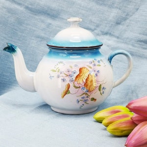 Antique enamel teapot, light blue shades & transfer decor of flowers with hand painted details, antique enameled teapot, French enamelware