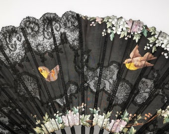 アンティークフランス製扇子、木彫り、シルクレース、手描きの花