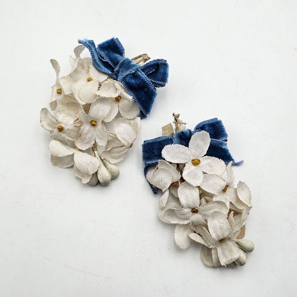 Vintage French clip-on earrings, white millinery lilac flowers & blue velvet ribbon bows earrings with original label