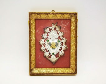 Antique framed exvoto, flaming heart exvoto with angel, Holy Spirit Dove and green rhinestones