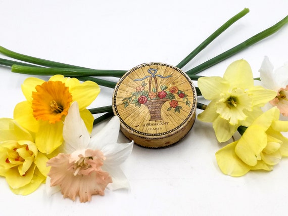Antique Houbigant Paris Face Powder Box, Floral Art Deco Vanity Decor
