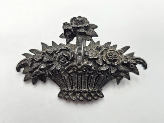 Antique French Mourning Brooch Gutta-Percha Roses… - image 2