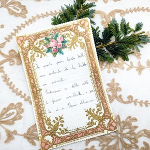 Antica lettera di Natale scritta da un bambino ai genitori, carta da lettere lavorata in rilievo con dorature e cromo applicata, datata 1949