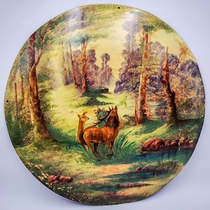 Antique French enameled plaque, large antique enameled round plaque, hand painted deers in the wood, Fall landscape with deers, early 1900&#39;s