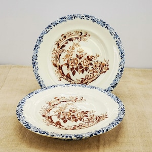 Antique French ironstone footed dishes or cake stands, set of 2 footed dishes, transfer decorin brown & blue, Clairefontaine signature