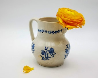 Antique French stoneware pitcher, gres - stoneware jug with cobalt blue flowers, Saint-Uze pitcher, collectable pitcher French rural style