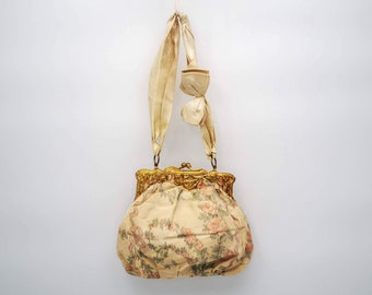Antique Chiné Silk Ribbon Purse, French Rococo Gilt Frame