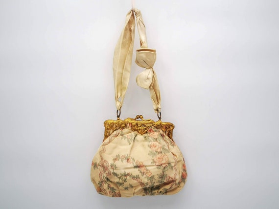 ANTIQUE chiné Silk Purse, garland of pink ROSES c… - image 1