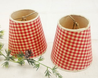 Vintage French pair of lampshades, red gingham fabric, red Vichy checks fabric, antique French small lampshades, bistro style lampshades