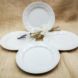 Antique white ironstone plates, set of 4 French dessert plates, white ceramic plates with raised design of wheat ears, signed Sarreguemines
