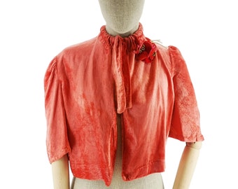 Vintage French bolero in silk velvet dating to 1930s, rare coral color Art Decò era bolero