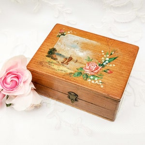 Antique FRENCH olive wood Box, antique Souvenir box, hand painted with landscape, rose & lily of the valley, souvenir box