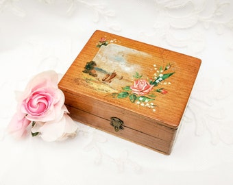 Antique French Olive Wood Box, Hand-Painted Floral Landscape, Souvenir Box