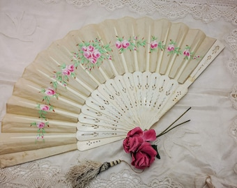 Antique French Hand Fan, Painted Silk Roses, Fretworked Sticks, Early 1900s