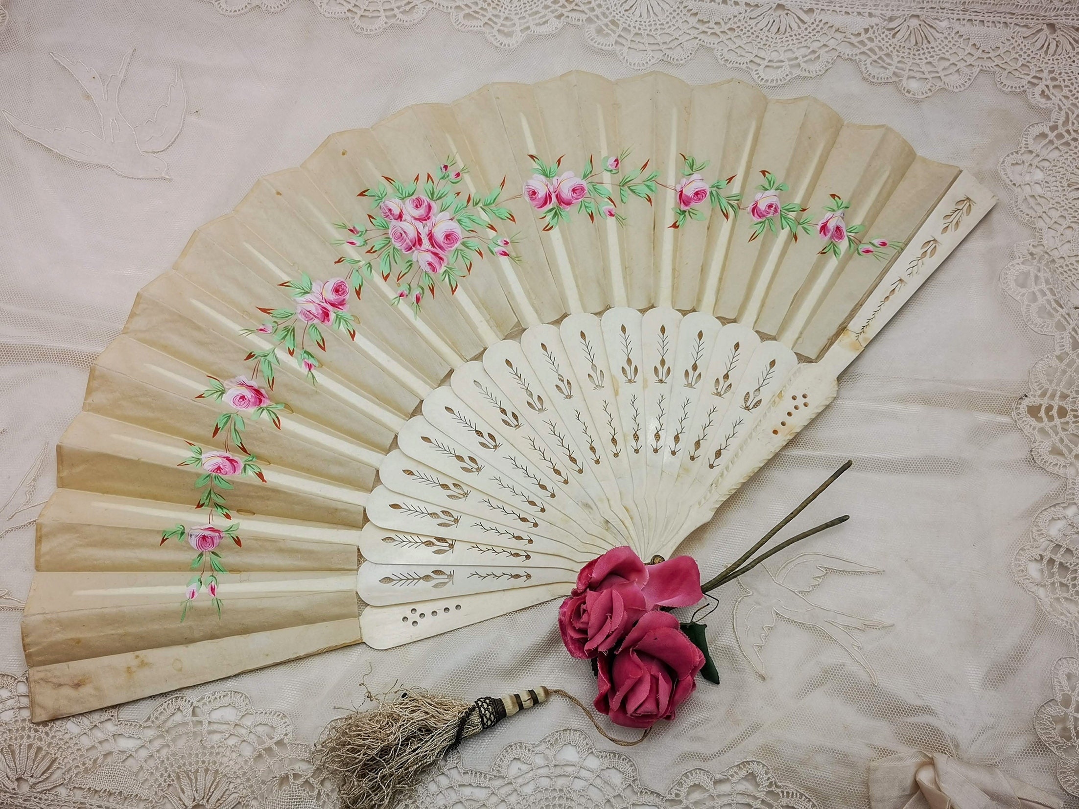 Antique French Hand Fan, Painted Silk Roses, Fretworked Sticks