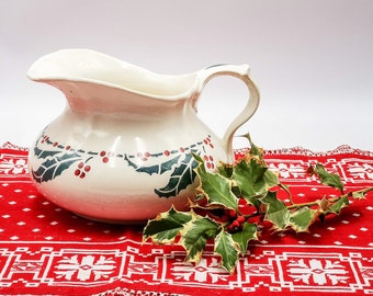 Antique French ceramic water jug HBCM, Creil Montereau, rounded shape, vintage water jug with stenciled holly, ceramic jug, Christmas decor