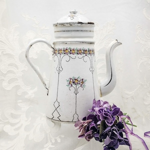 Antique enamel German Coffee pot, white, Art Nouveau style decor of purple flowers, Enameled coffee biggin, Antique enameled coffee pot