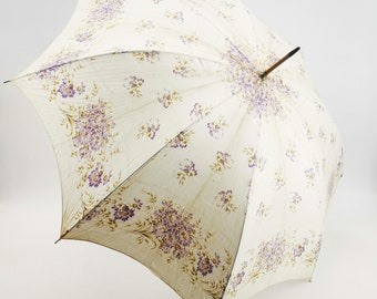 Antique French Floral Parasol, Beige & Purple, Edwardian Era