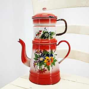 Enamel French COFFEE BIGGIN shades of red, air-brushed pansies, Belgian enamelware coffee pot vintage, Antique enamel coffee pot