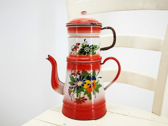 Vintage Enamelware Coffee Biggin, Belgian Airbrushed Pansies Decor