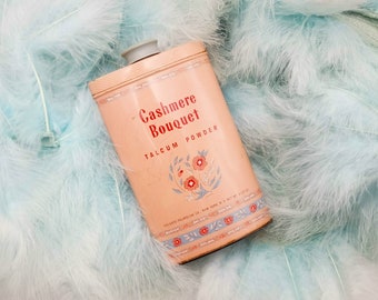 Vintage Cashmere Bouquet Talcum Powder Tin with Blue Lid - Vanity Advertising