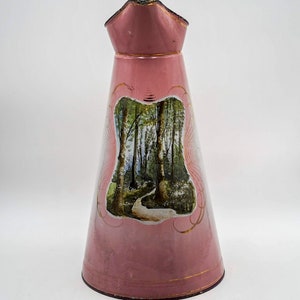 Antique French Pink ENAMEL BODY PITCHER hand painted wood landscape Antique pink enamel pitcher, French enamel pitcher, pink vintage pitcher