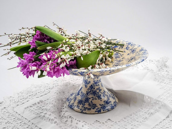 Antica alzatina da frutta in ceramica, decoro fiorellini blu, alzatina in  ceramica Maastricht primo '900, porta frutta in ceramica fiori blu -   Italia