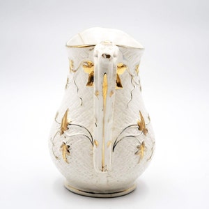 Antique French majolica water jug Sarreguemines, ivory color with raised and gilded foliage, antique French majolica jug Sarreguemines image 5