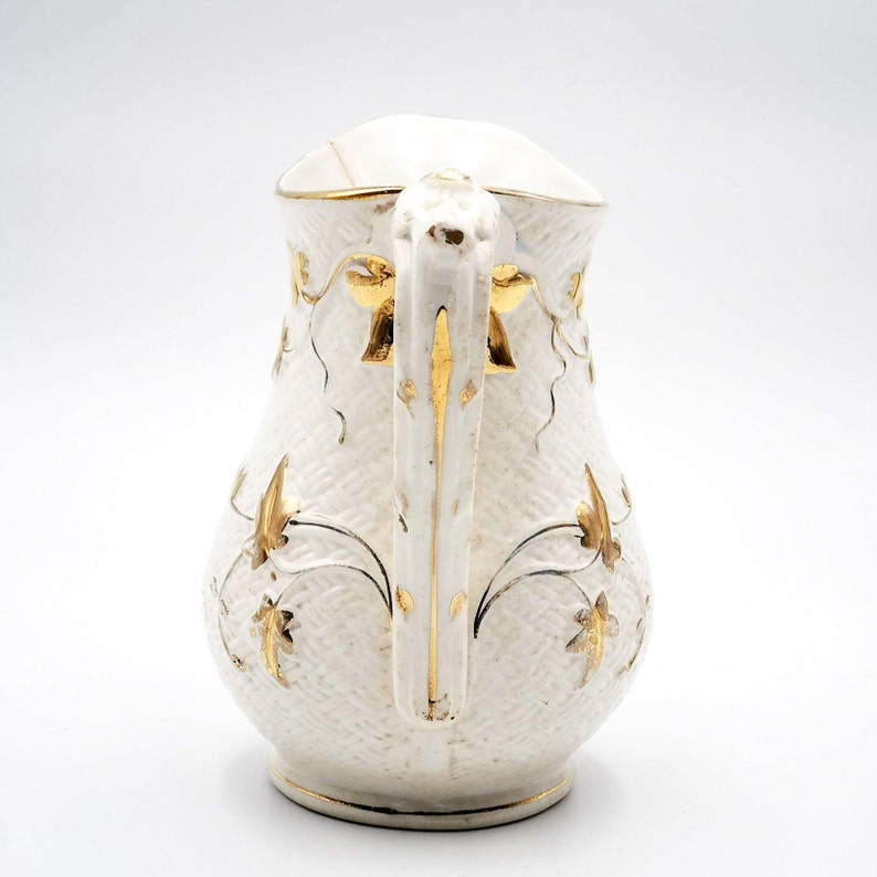 Antique French majolica water jug Sarreguemines, ivory color with raised and gilded foliage, antique French majolica jug Sarreguemines image 5