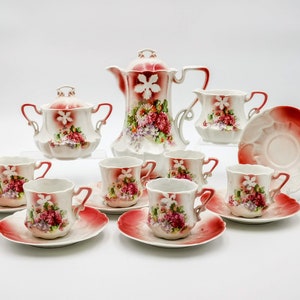 Antique porcelain coffee set, Art Nouveau era German porcelain coffee set, pink shades and transfer flowers, romantic coffe set early 1900 image 1
