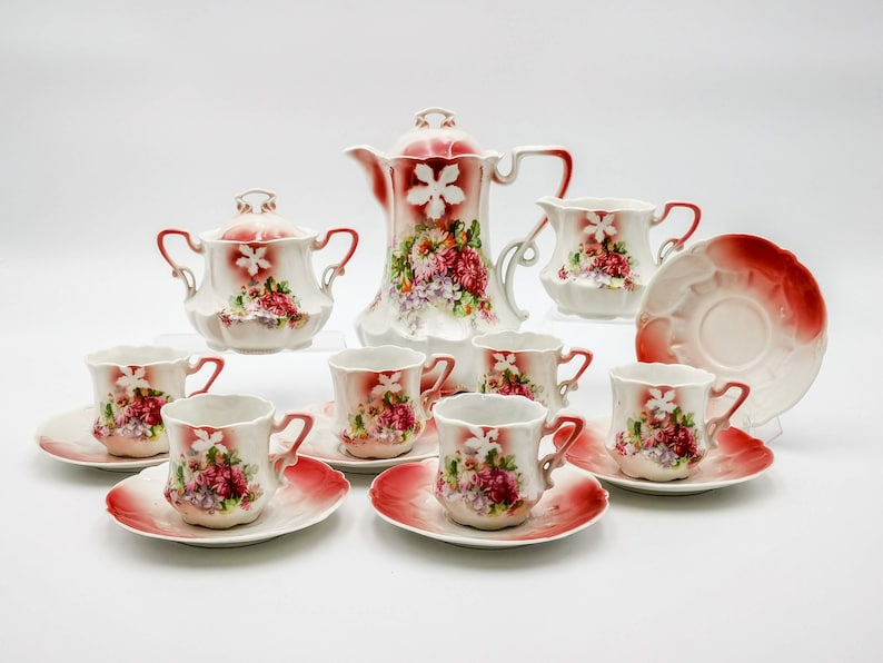 Antique porcelain coffee set, Art Nouveau era German porcelain coffee set, pink shades and transfer flowers, romantic coffe set early 1900 image 1