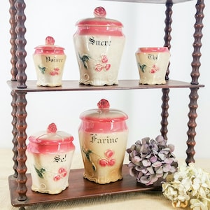 Antique French Barbotine Spice Jar Set: Majolica Rose Canisters, Farmhouse Decor