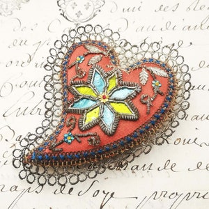 Antique Italian scapular, heart shape devotional scapular hand crafted by nuns, sacred art hand embroidered scapular
