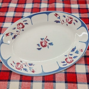 Vintage French small oval plate, ravier, ceramic small oval plate for appetizers, Digoin model Ninette, blue decoration and small red roses