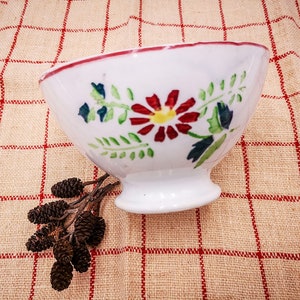 Antique French cafè au lait bowl stenciled red yellow flowers & green leaves, French ceramic bowl, no mark, antique French cafe au lait bowl