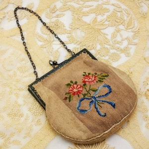 Antique micro petit point purse, evening bag, beige color & pink roses, blue ribbon bow, embossed silver color frame vintage Edwardian purse