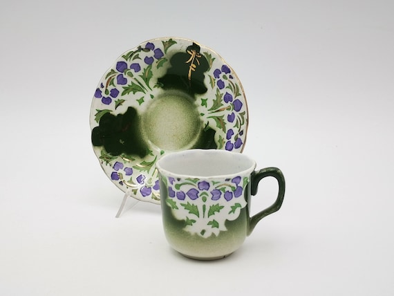 Set di 2 tazze da caffè, in ceramica fatta a mano per cucina rustica in verde giallo - Italia