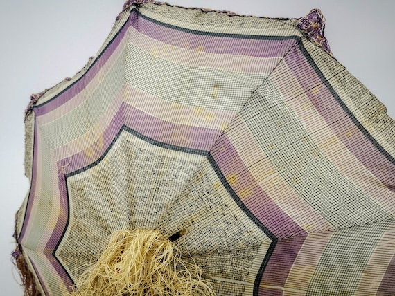 Antique French silk parasol, checkered silk in ma… - image 2