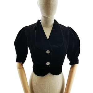 Vintage Black Velvet Bolero Jacket, 1940s Short Jacket with Jeweled Buttons, Elegant Women’s Bolero for Retro Outfits