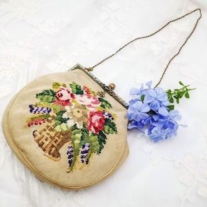 Antique purse - evening bag, micro petit point embroidery with roses basket embossed gilt metal frame with rhinestones, Edwardian era purse