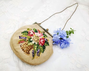 Edwardian Evening Bag – Antique Petit Point Floral Purse with Rhinestone Frame