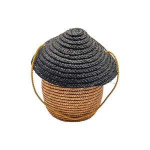 Back view of woven straw barrel shaped handbag