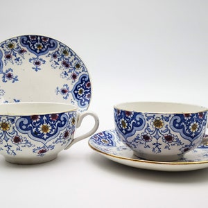 Antique rare French ironstone tea cups & saucers, multicolor transfer decor in Persian style, Sarreguemines U et C.ie, rare model Monréal