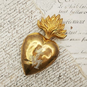 Antique Engraved Brass Heart Ex-Voto | Openable French Ex-Voto with Monogram | Coeur de Marie